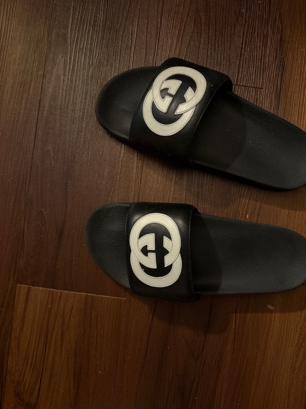 Gucci Black Slides with White Interlocking Logo Patch
